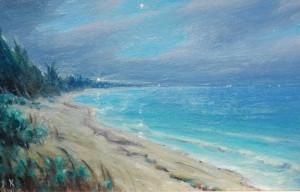 Brandien, Carl. The Hillsboro Light From Pompano Beach, Fla. 1951. To K with love, Carl. Oil on board, 5 by 7 inbches.