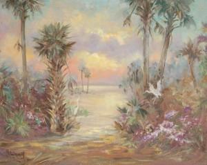 Catherine Stockwell, Birds in Florida Landscape. Oil on board, 15 ¾ by 20 inches.