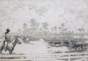 Kent Hagerman, Lakeland. Etching, Florida Cattle Empire.