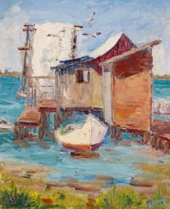 Lois Bartlett Tracy, Sarasota. Fishnets and Sails, oil on board, 10 by 12 inches. Exhibited Sarasota Art Association, 1943. 